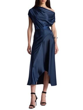 ALC One-Shoulder Navy Satin Midi Dress